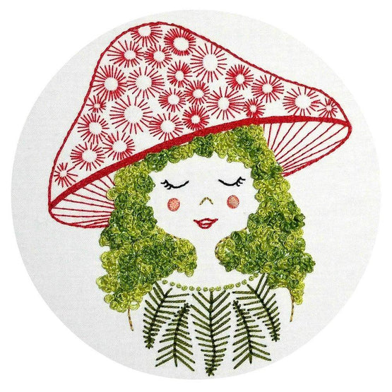 mushroom girl pre-printed fabric embroidery pattern