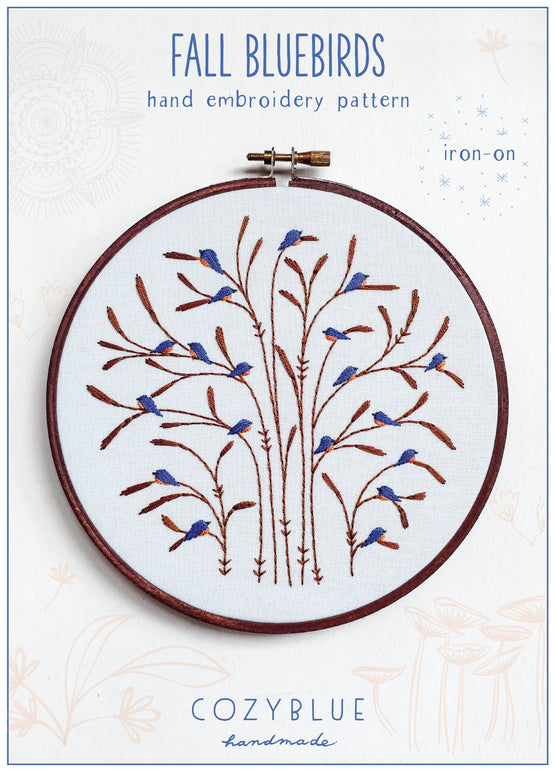 fall bluebirds iron-on embroidery pattern